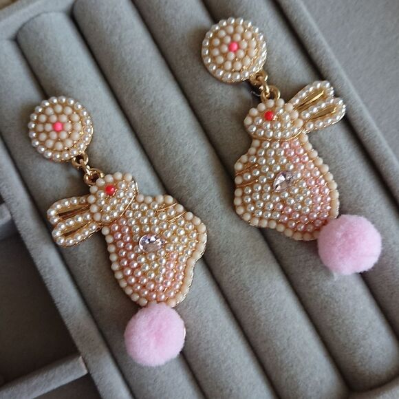 Bunny Rabbit Beaded Dangle Earrings for Easter - Picture 3 of 8